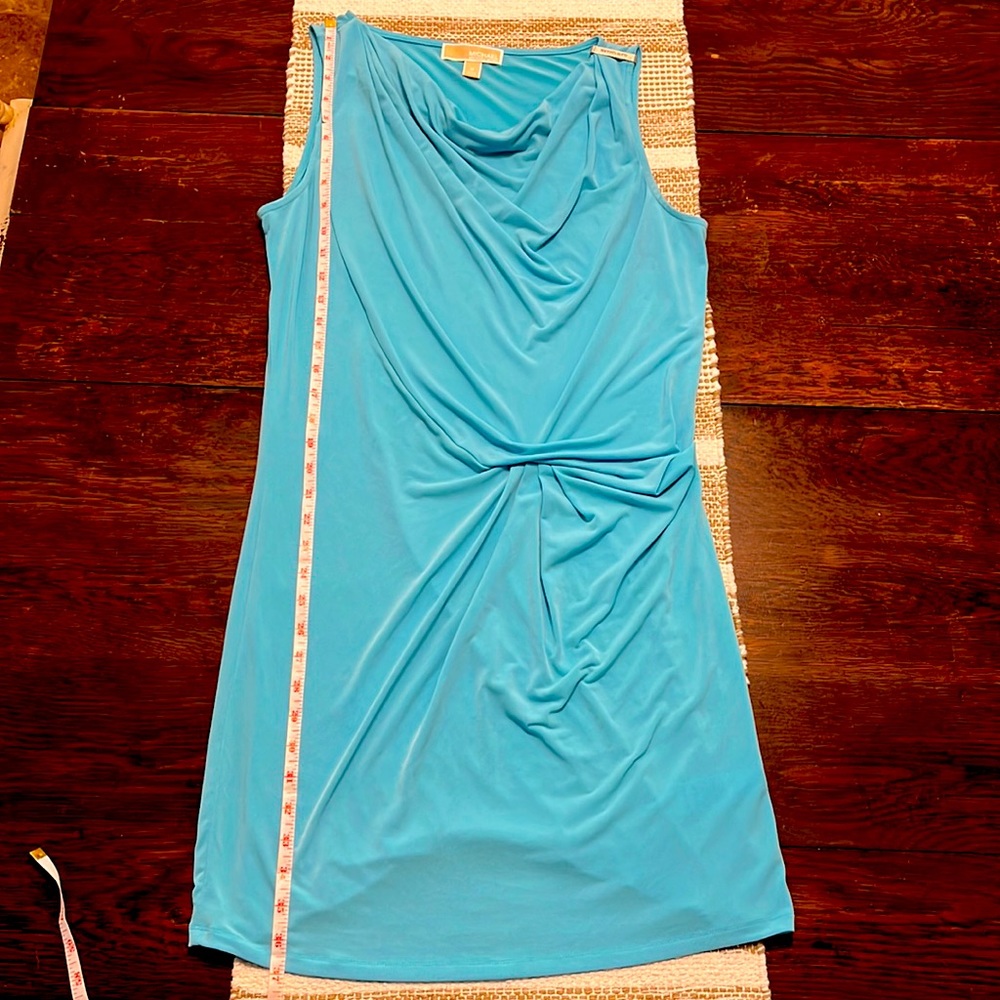 Micheal Kors Aqua Ruched Dress with silver shoulder detail